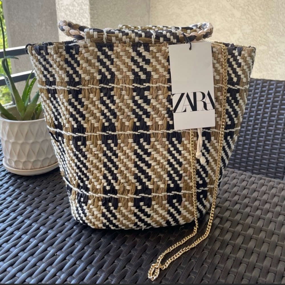 Zara Woven Basket Bag with Gold Strap.